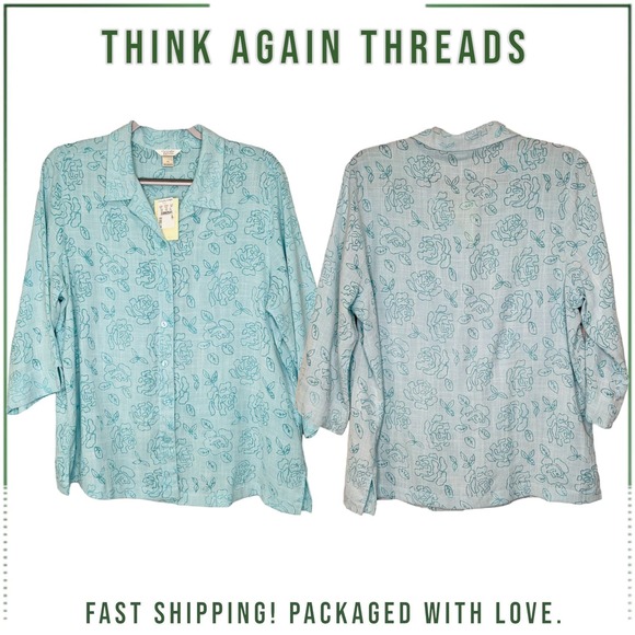 NWT Christopher & Banks Button Up Floral Print Blouse Light Blue Size XL - Picture 1 of 10
